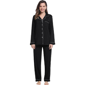 Womens Soft Bamboo Pajama Sets Button Down Long Sleeve Pants Set Sleepwear